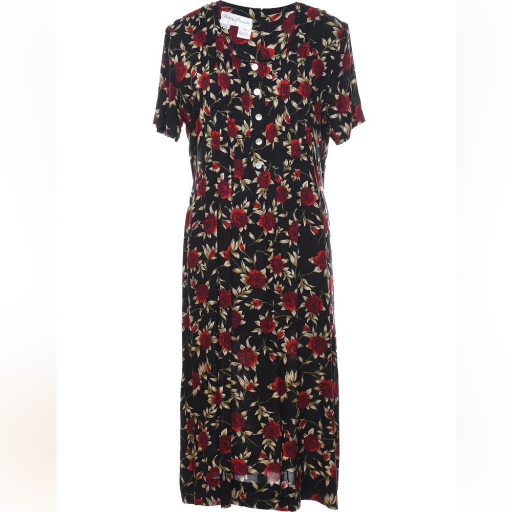 BETSY LAUREN Women Black w Rose Floral Print‎ Button Front 90’s Maxi Dress SZ 10